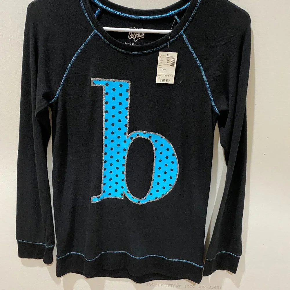 NWT Justice black long sleeve top with blue polkadot letter 